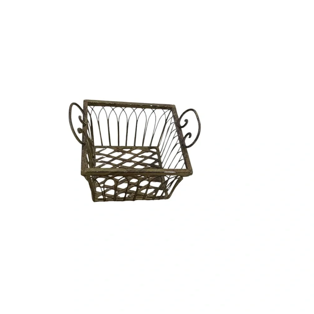 Vintage Wrought Iron Square‎ Ornate Handles Basket Sage Green, Set Of 2